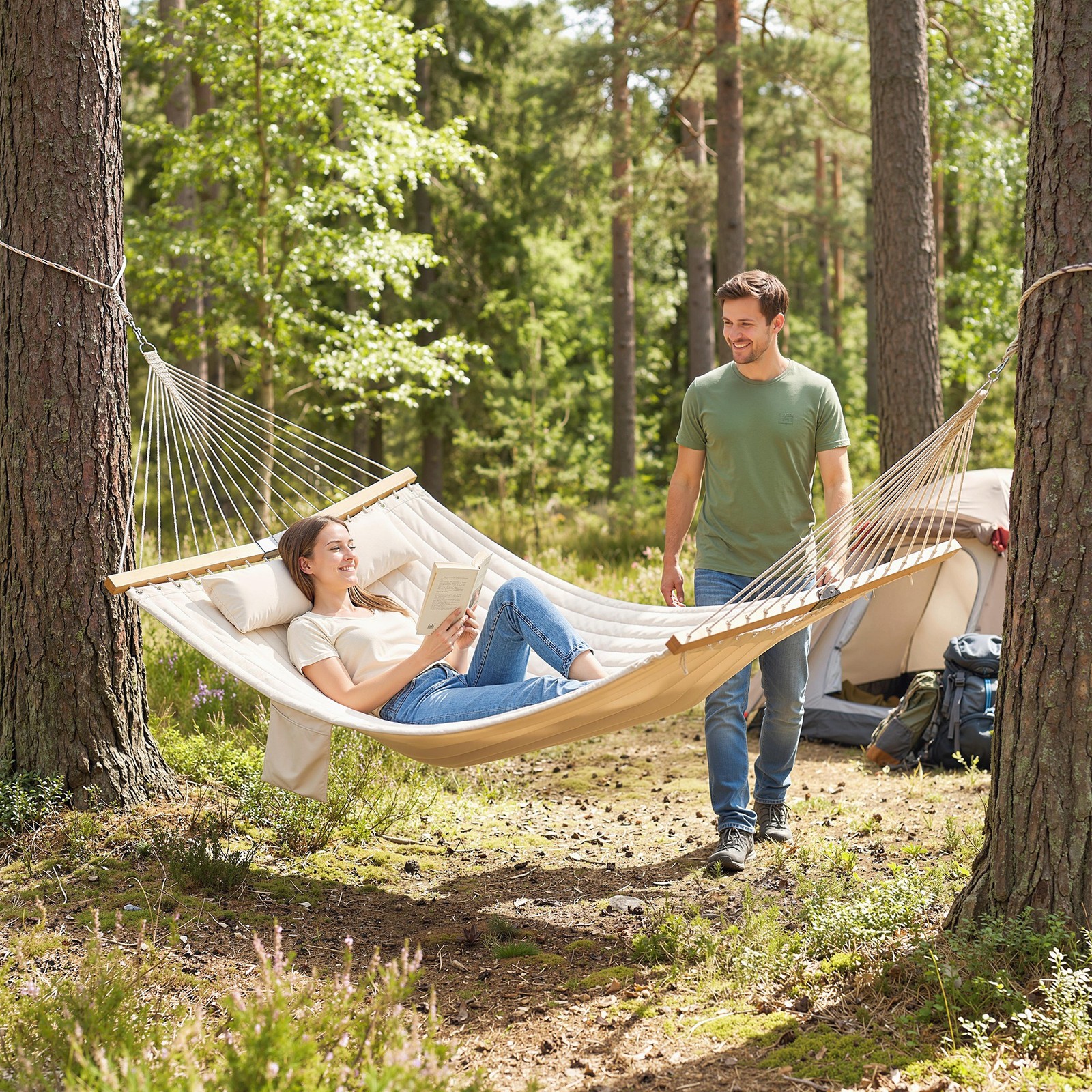 Outdoor Hammock, 2-Person, 440 lbs Capacity, Cream White