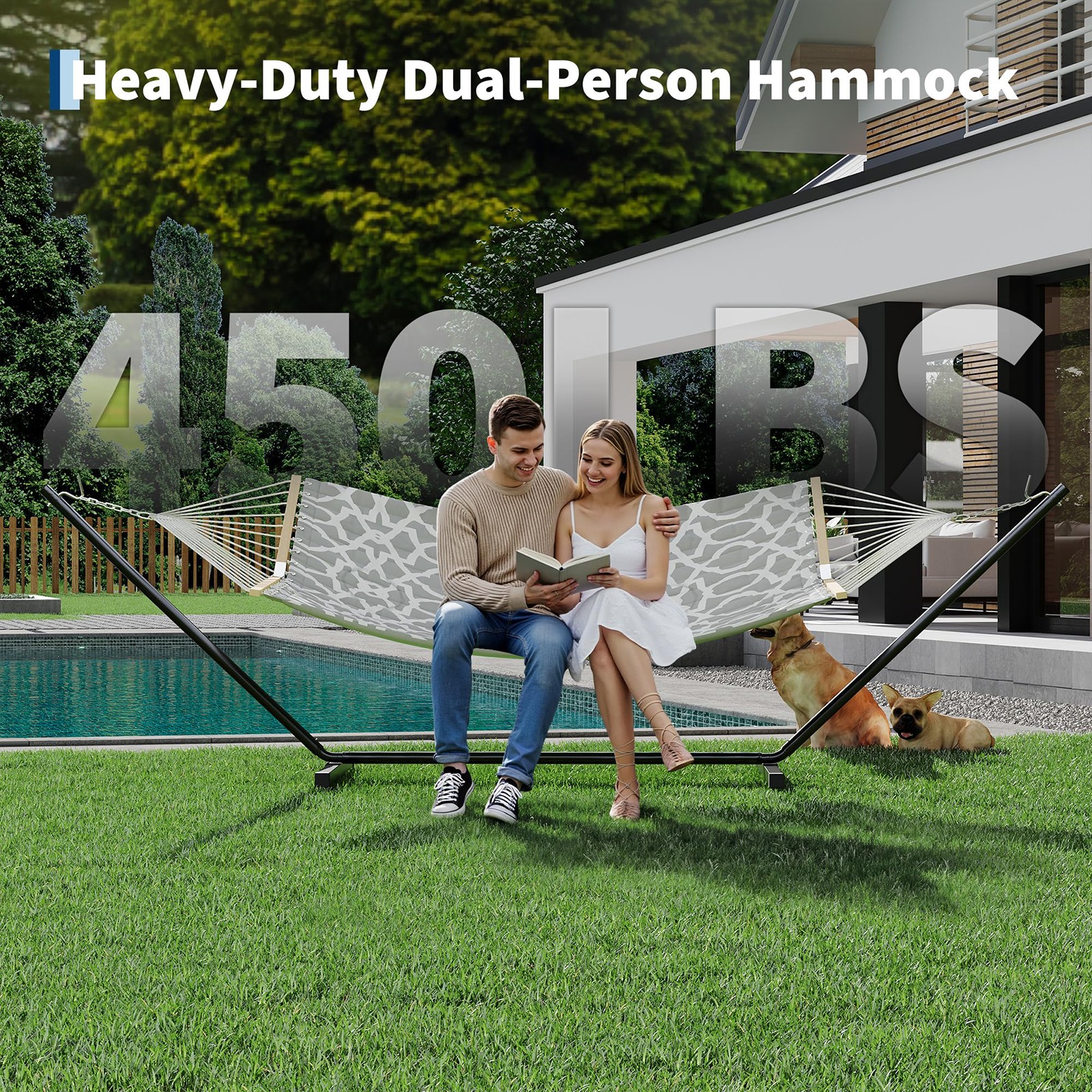 2 Person Portable Hammock with Stand, 450LBS Capacity for Outdoor with Pillow