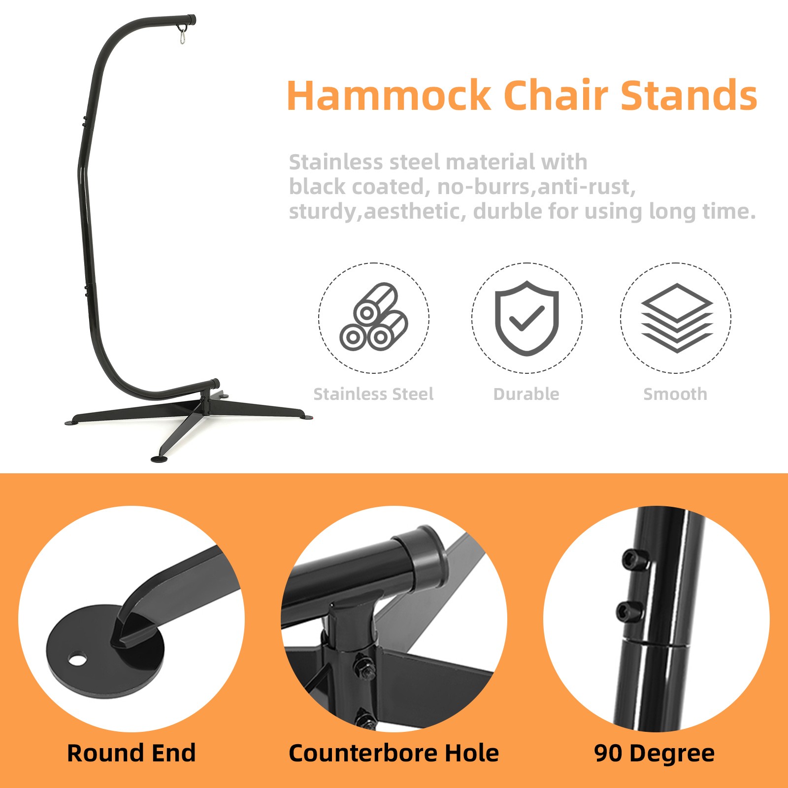 Steel Hanging Hammock C-Stand for Chair Porch Swing Weather Resistant 360 Degree