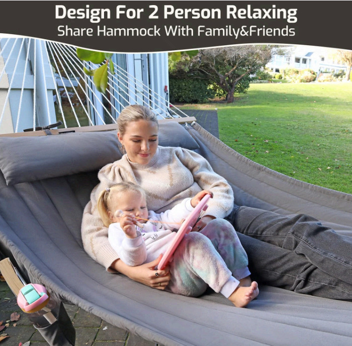 Double Quilted Hammock with Hardwood Spreader Bars & Pillow, 450LBS Green