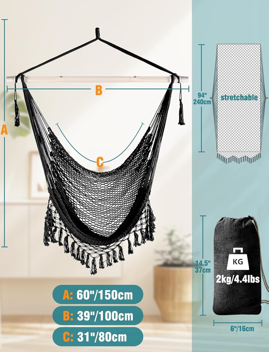 Chihee Hammock Chair Handmade Cotton Rope Woven Hanging Seat Porch Swing