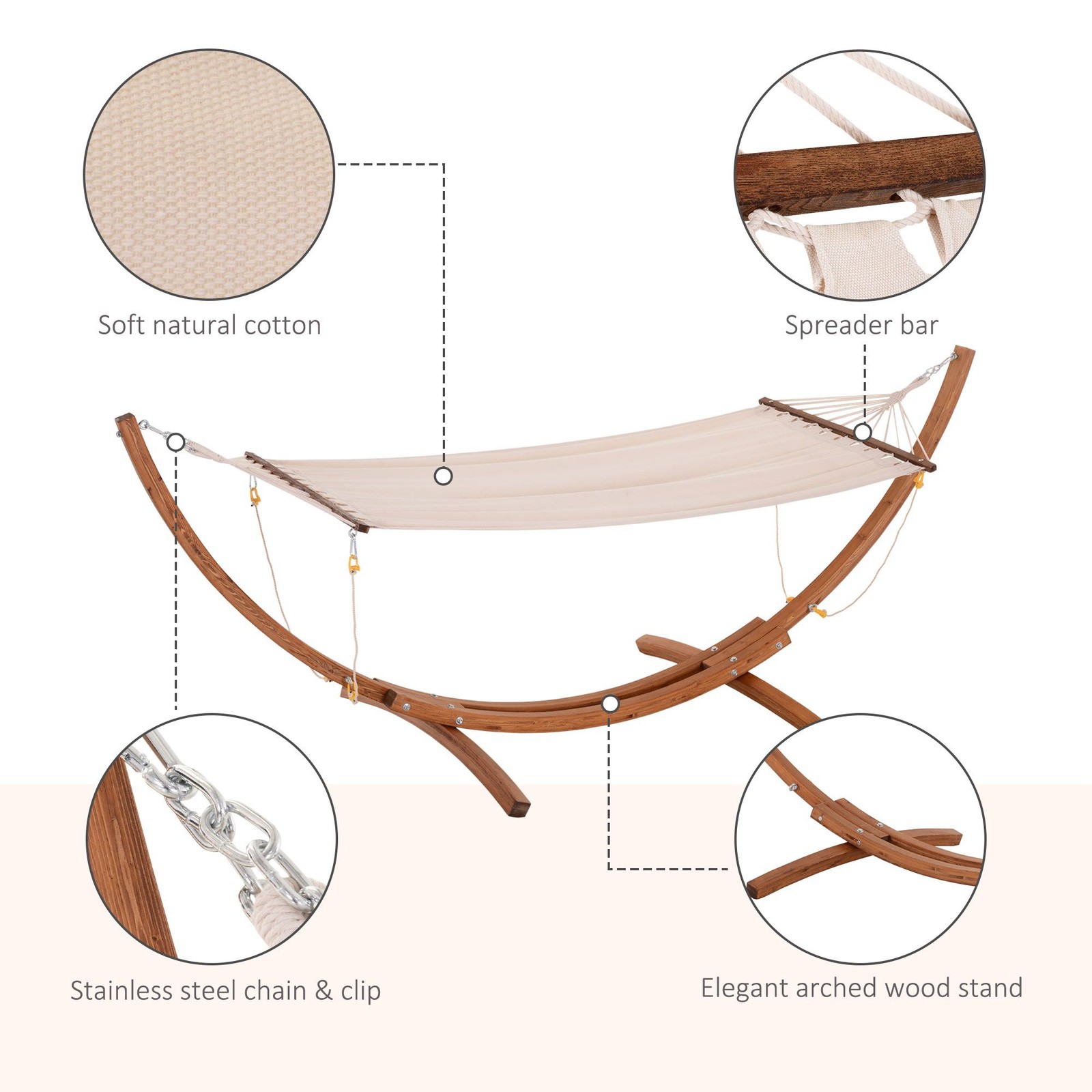 10′ Wood Hammock with Stand, Breathable Cotton Surface, Boho Style for Single Pe