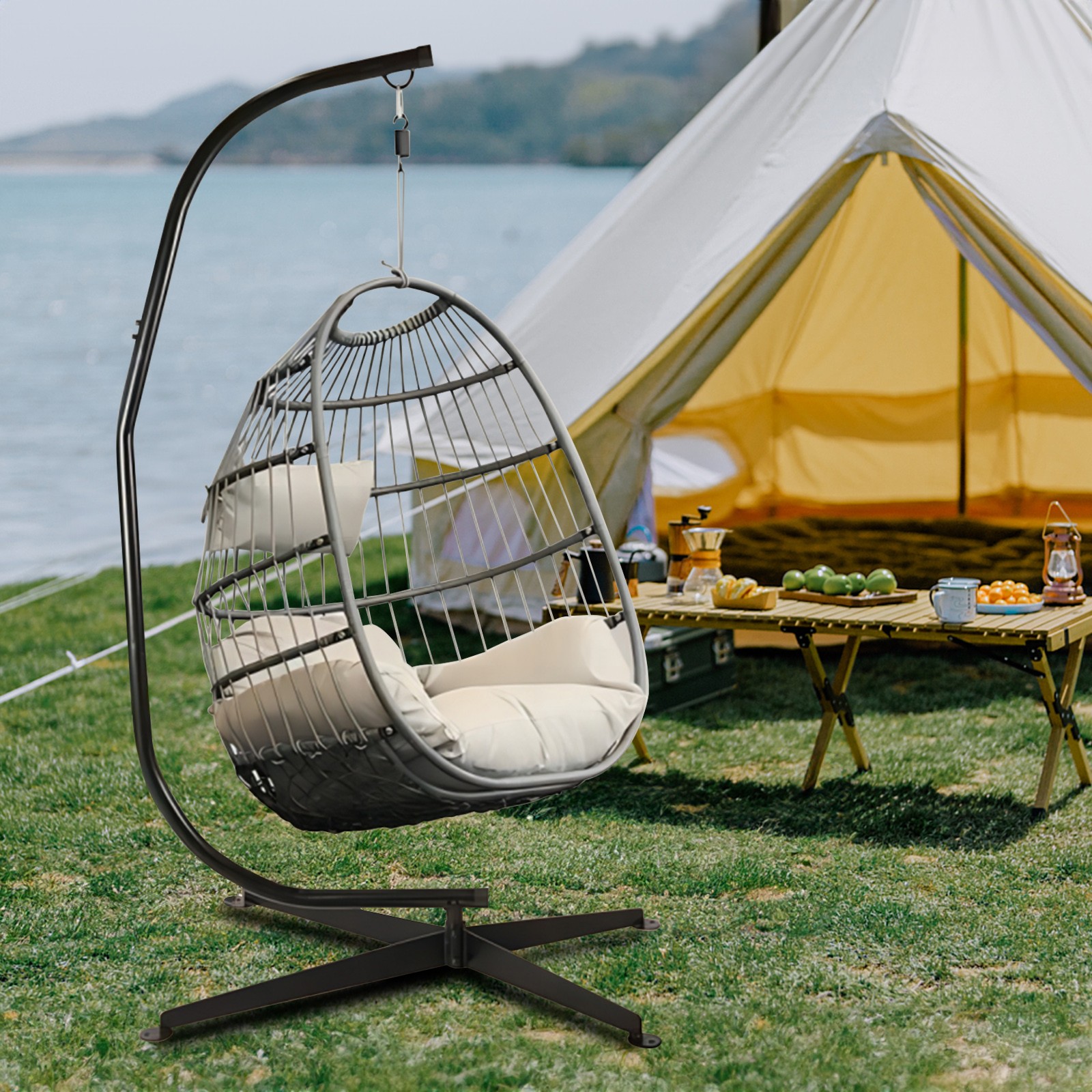 Steel Hanging Hammock C-Stand for Chair Porch Swing Weather Resistant 360 Degree