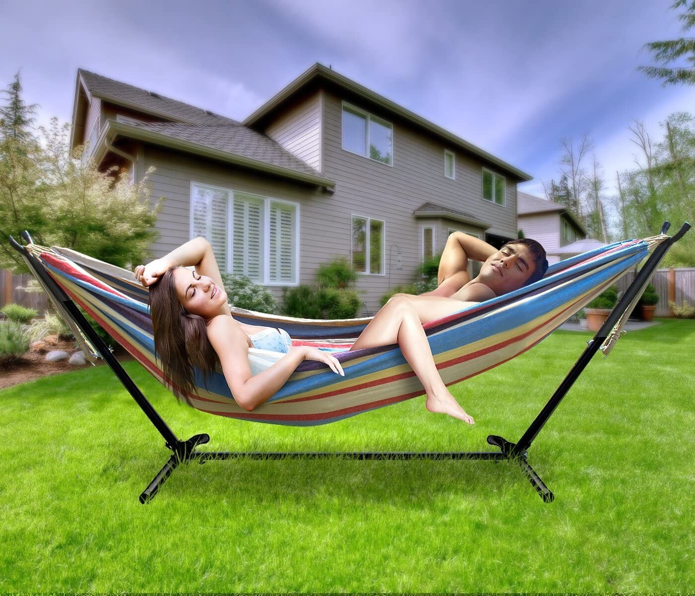 Brazilian Double Hammock with stand – Blue, Sand, Purple, Red Stripes