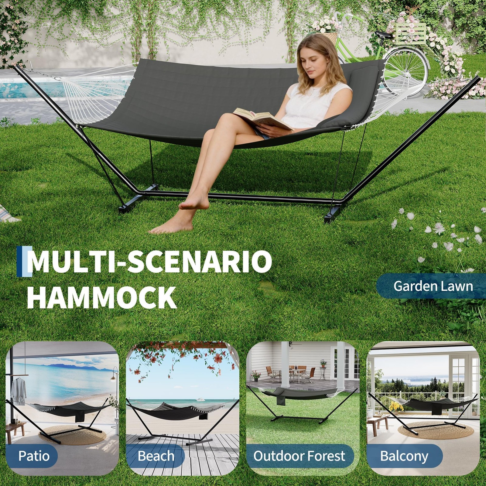 Heavy Duty Outdoor Hammock w/Balance Rope & Stand 450 LBS Large Hammock for Yard