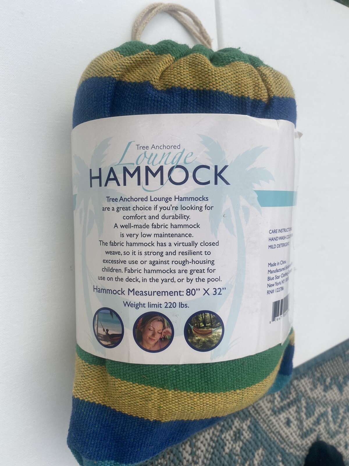 New Tree Anchored Lounge Hammock Blue Yellow Green comes with bag 80X32