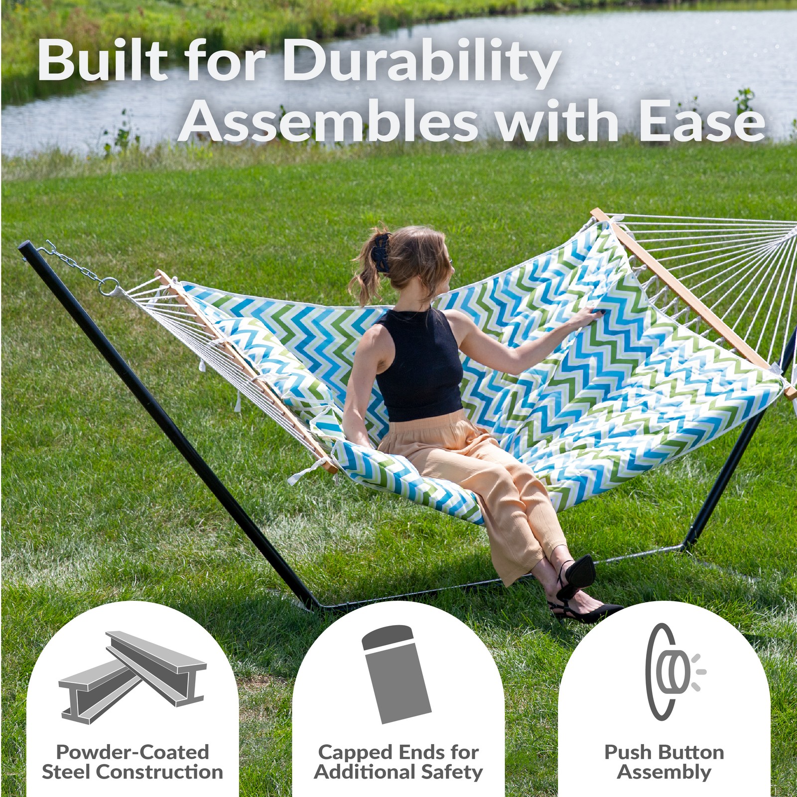 Large Rope Hammock with Steel Stand and Pad/Pillow – Blue/Green by Sunnydaze