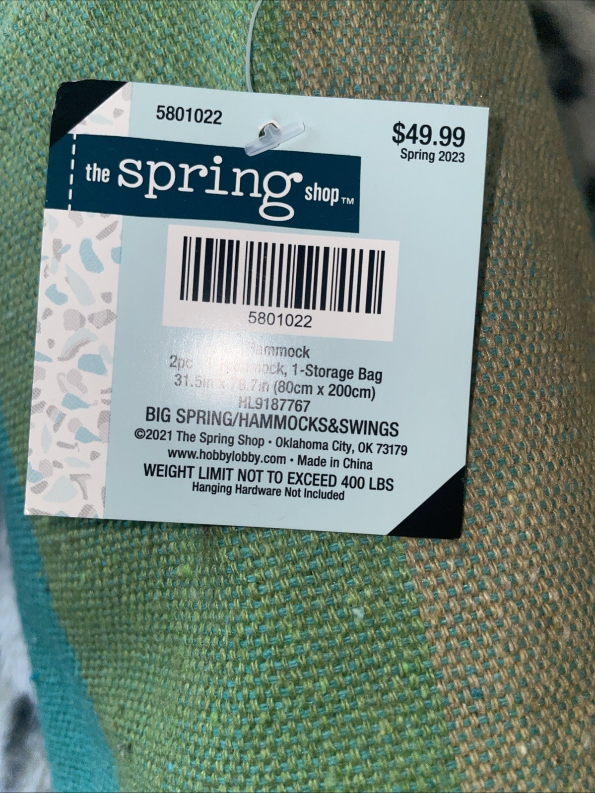 Hobby Lobby Green & Blue 31.5 x 78.7 in. Hammock & Storage Bag (holds 400 Lbs)