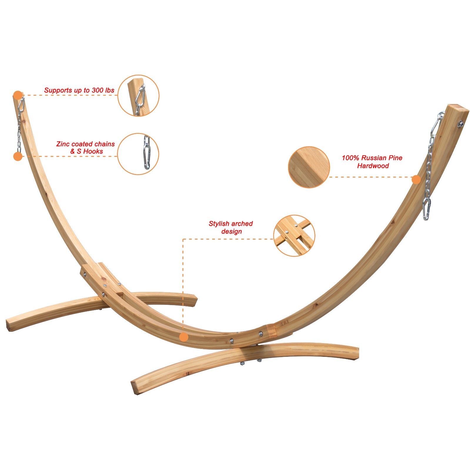 10 Feet Russian Pine Hardwood Arc Frame Hammock Stand with Hooks and Chains