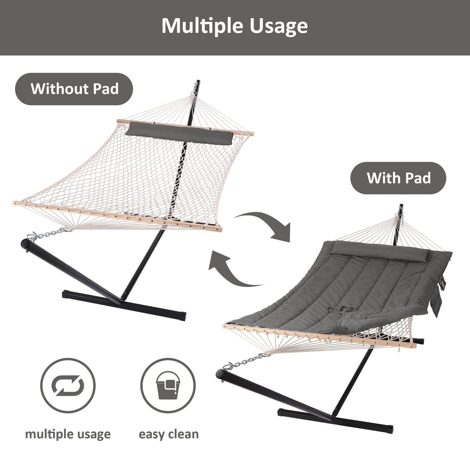 Double Outdoor Hammock With Stand Two Person Cotton Rope Hammock With Polyester