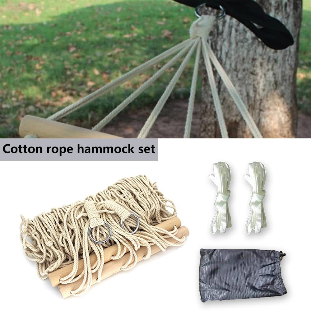 Hand-Woven Cotton Hammock with Wooden Spreader for Indoor/Outdoor Relaxing