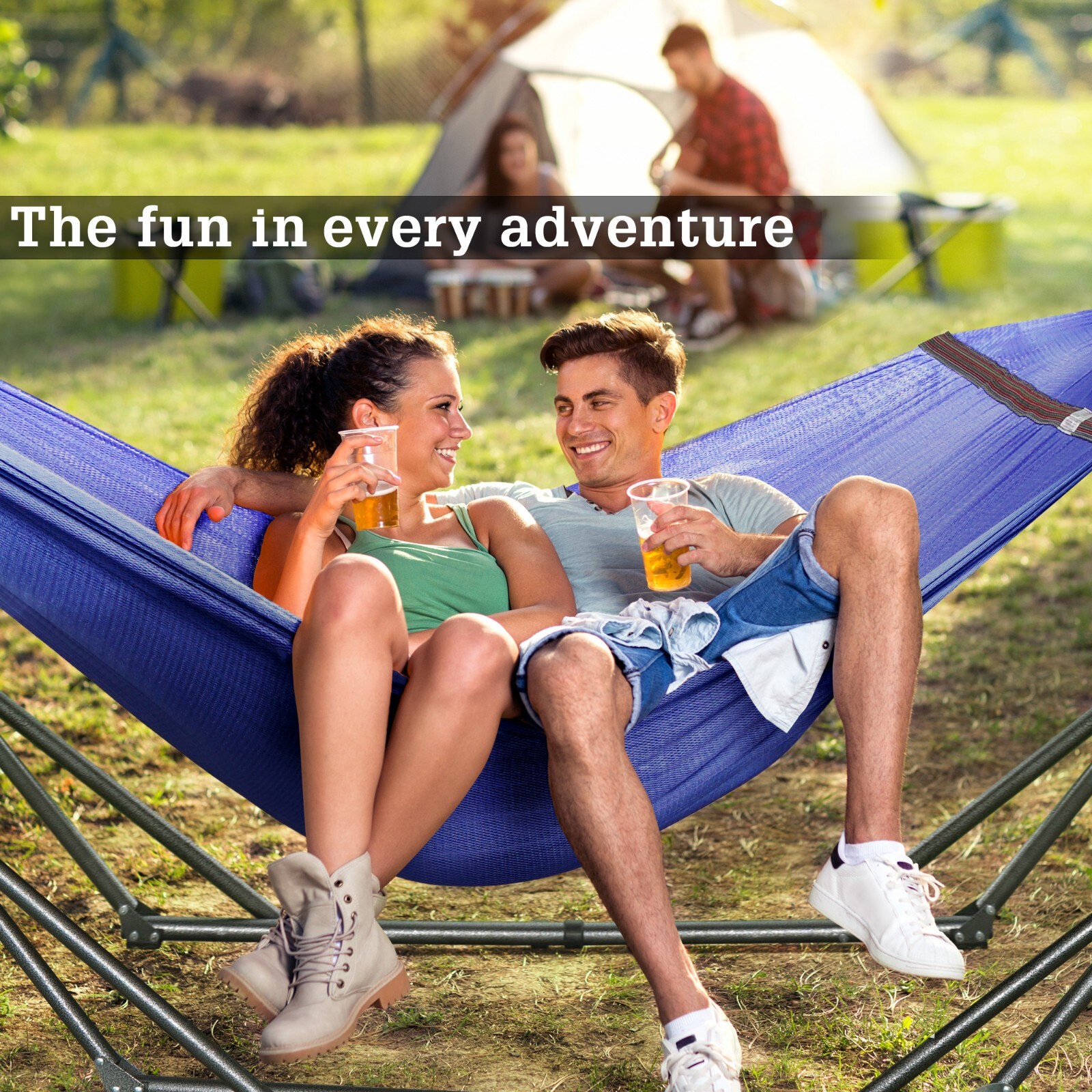 Polyester Hammock with Stand for 2 person with Carrying case Outdoor Patio, Blue