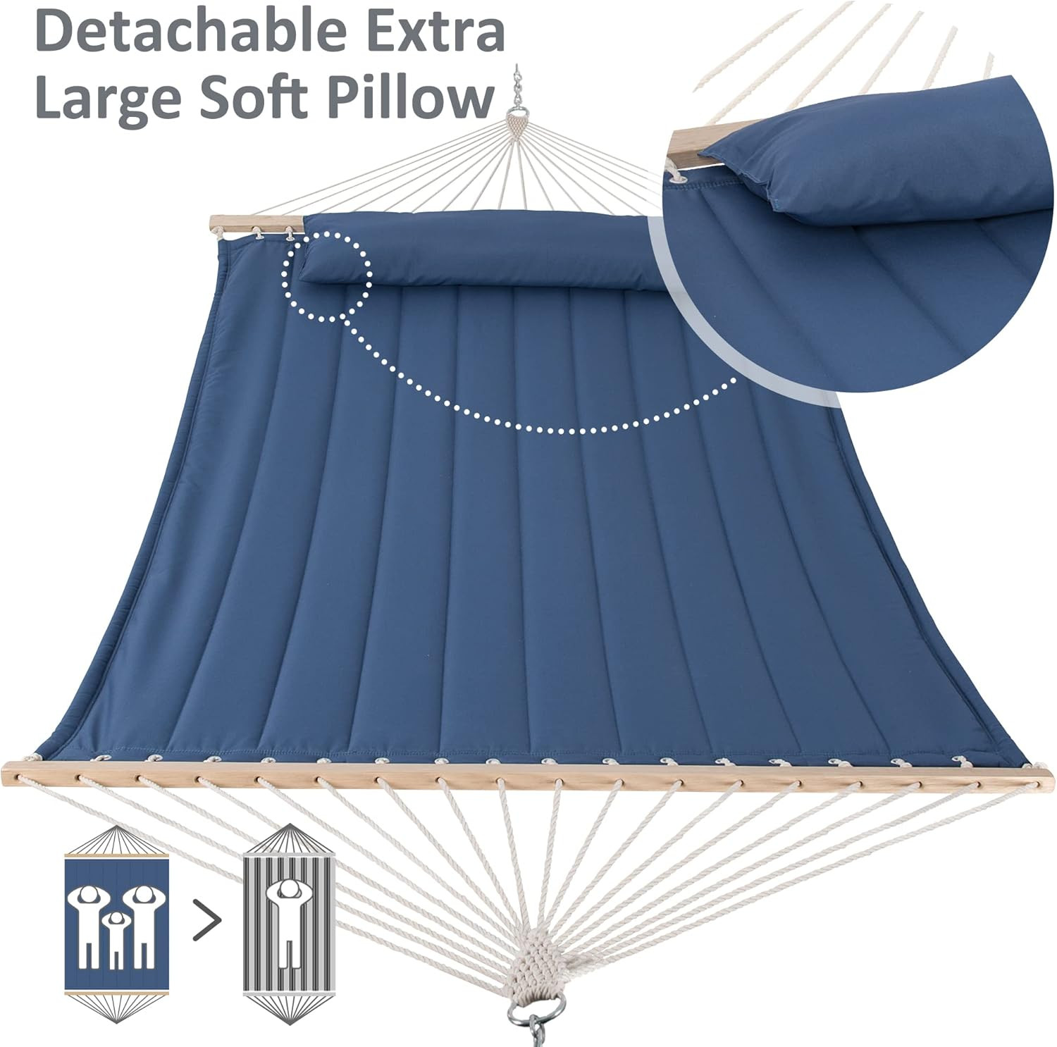 Double Outdoor Hammock with Hardwood Spreader Bar, Extra Large Pillow, 475 Lbs C