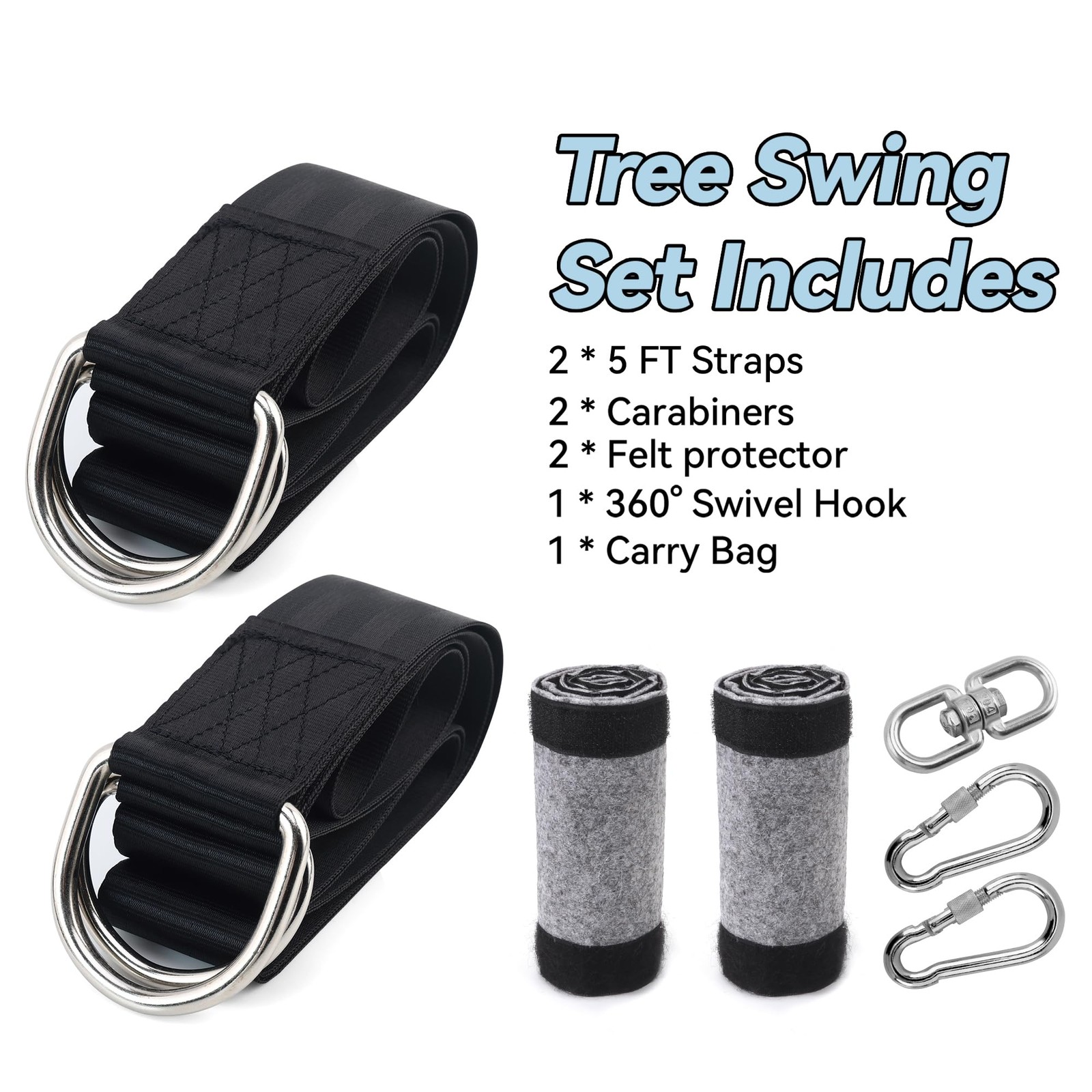 2 Pack 5Ft Tree Swing Hanging Straps Kit wiht Screw Lock Carabiners Swivel Hook