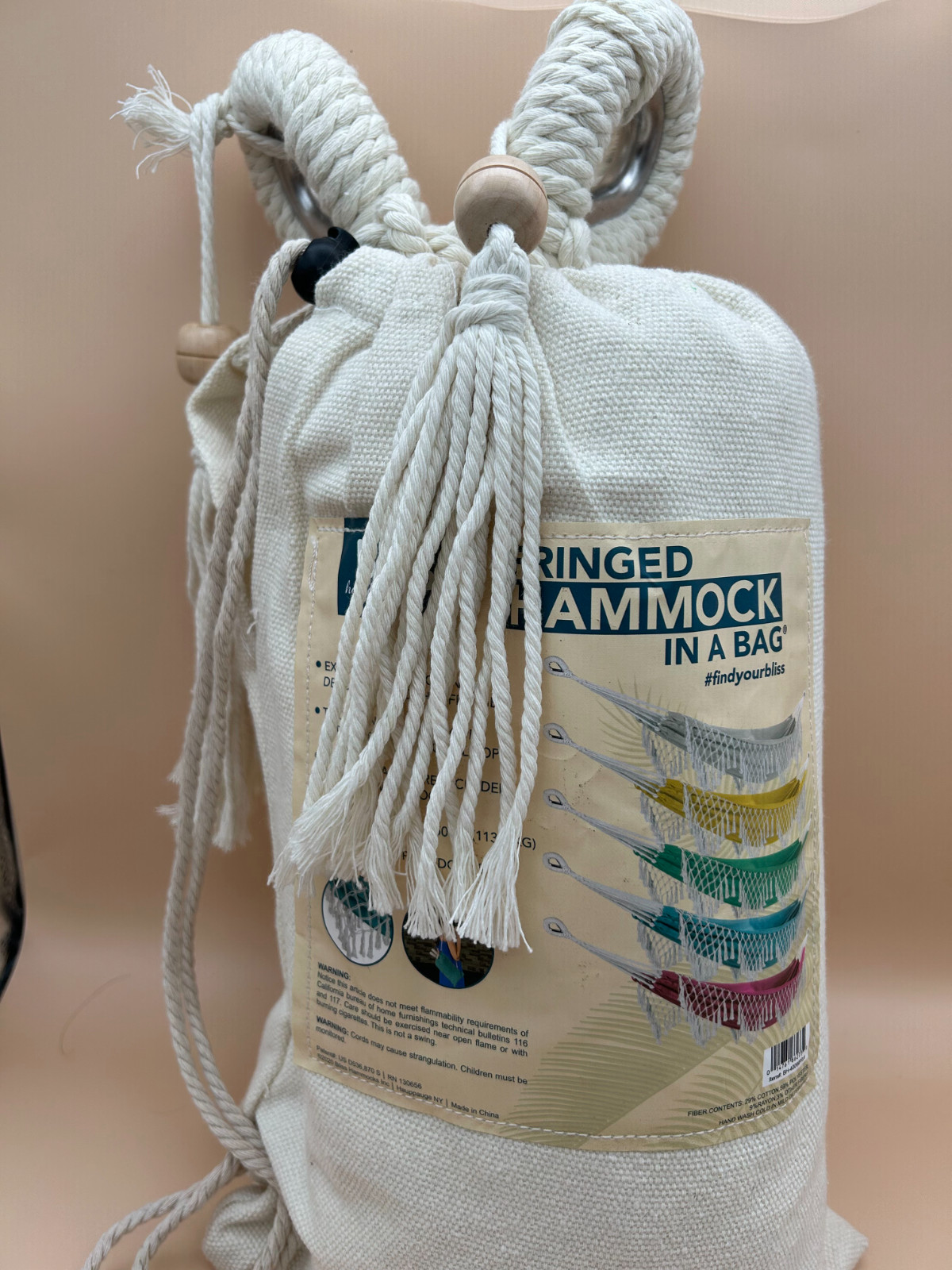 BLISS Hammocks Polyester Hand-Braided Hammock in a Bag Crochet Fringed Cream NIB