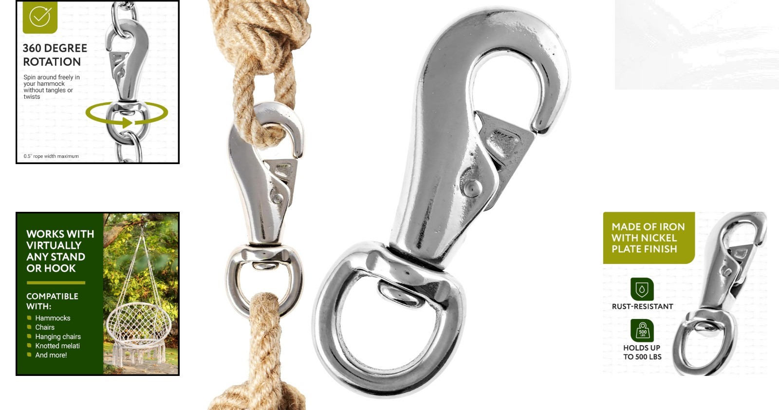 Versatile Hammock Chair Swivel Hook – 500 lb Weight Capacity, Rust-Resistant