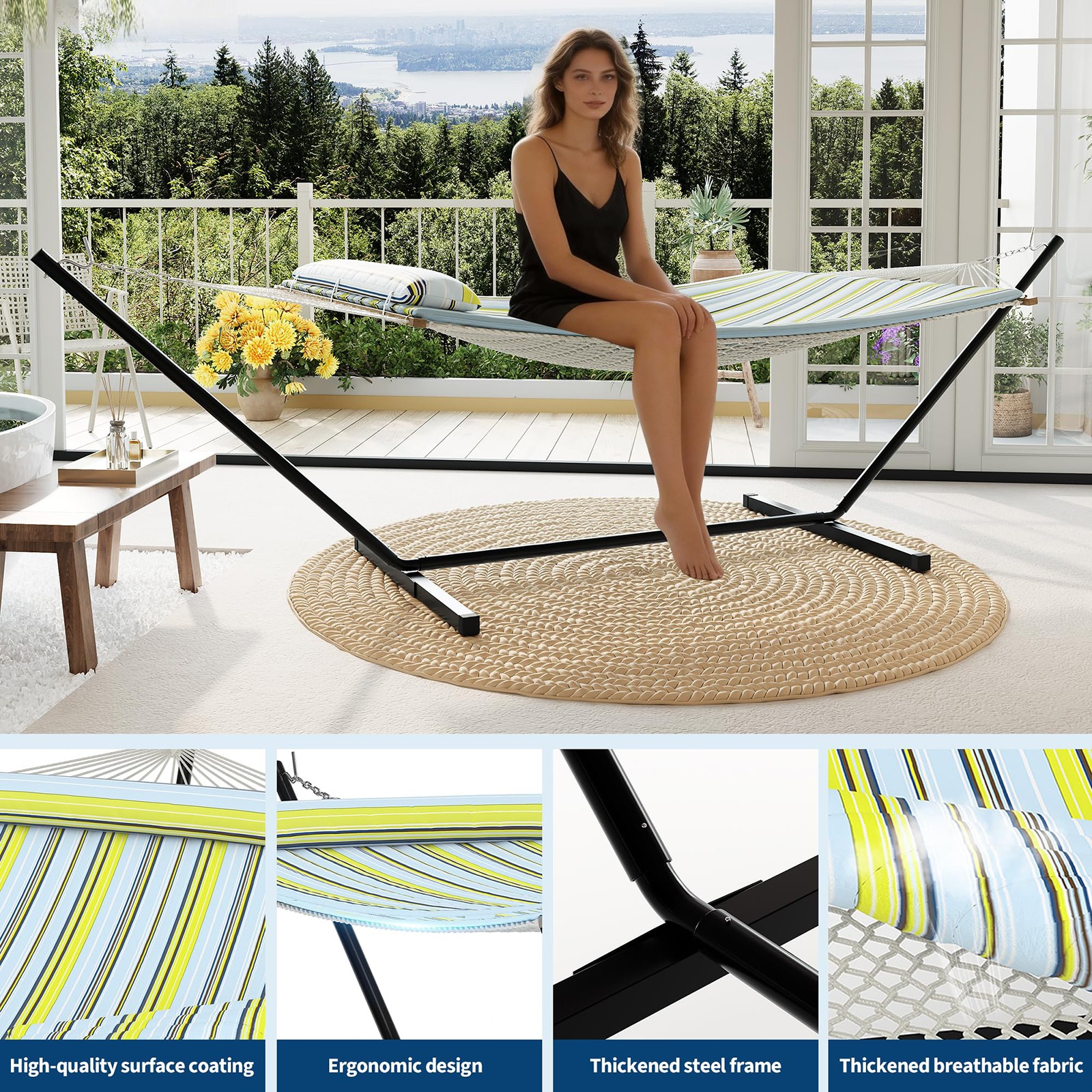 2 Person Portable Hammock with Stand for Outdoor with Pillow, 450LBS Capacity