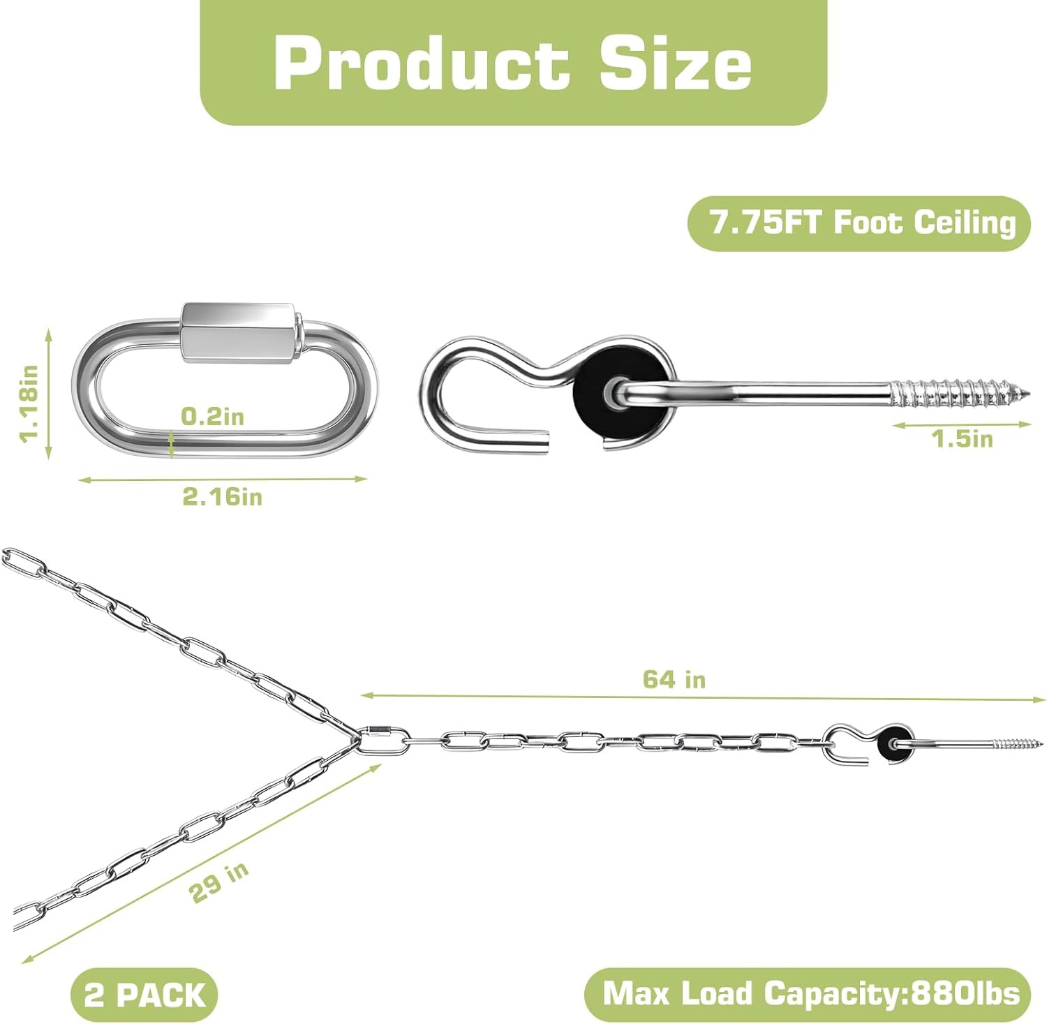 7.75FT Heavy Duty Porch Swing Chain Kit, 304 Stainless Steel, 800Lbs Weight Capa