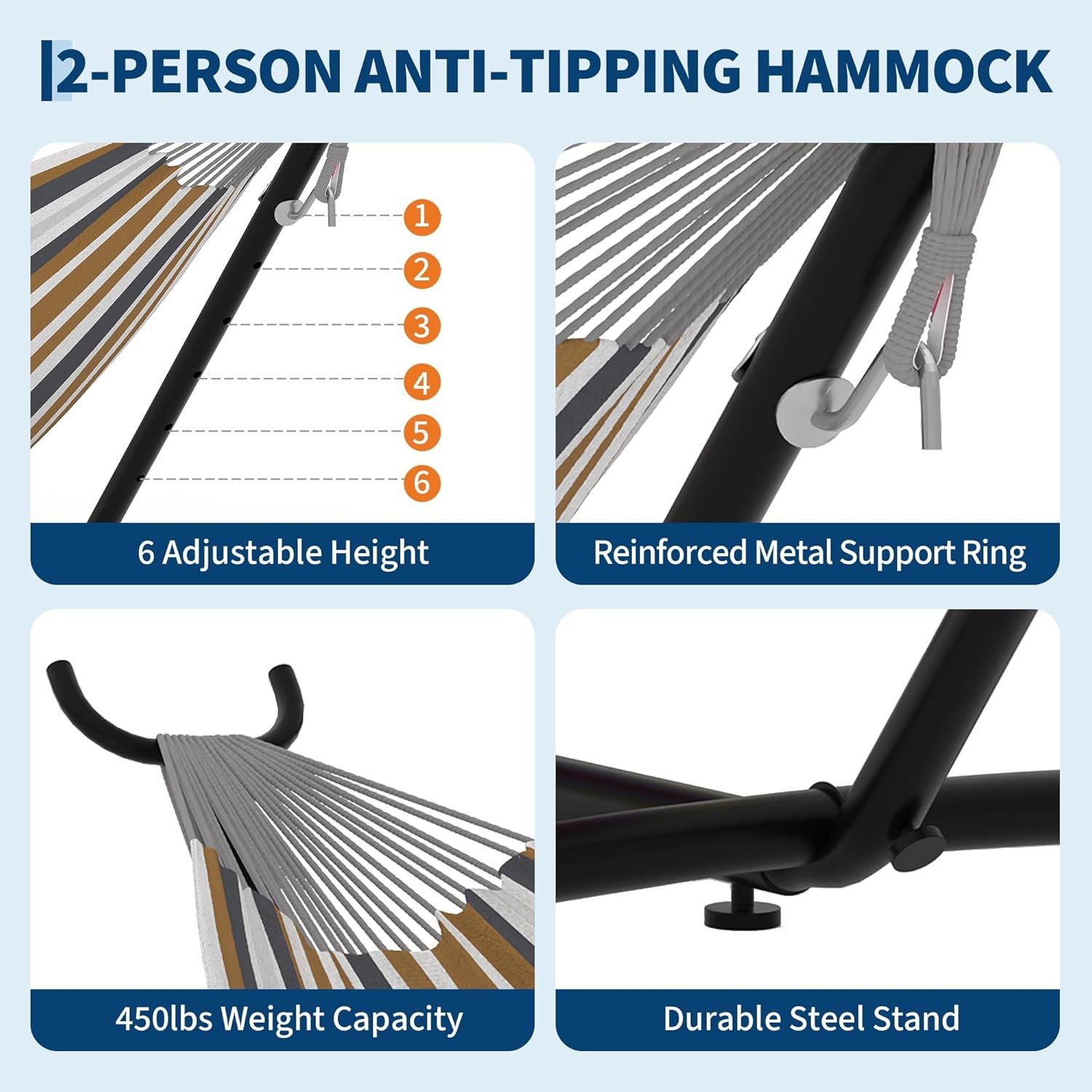 Double Hammock with Steel Stand and Carrying Bag, 350 lb Capacity Indoor Outdoor