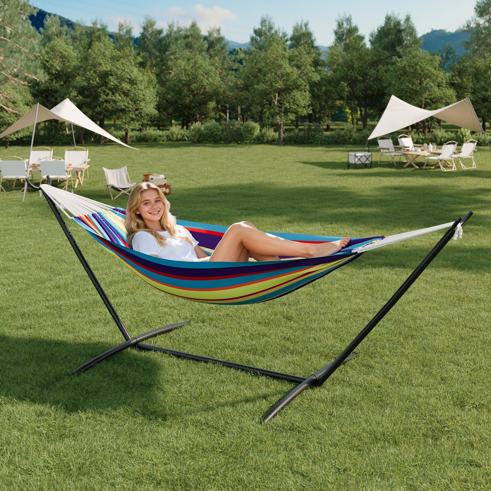 450 lbs Adjustable Portable Double Hammock Chair W/Steel Frame for Camping,Yard