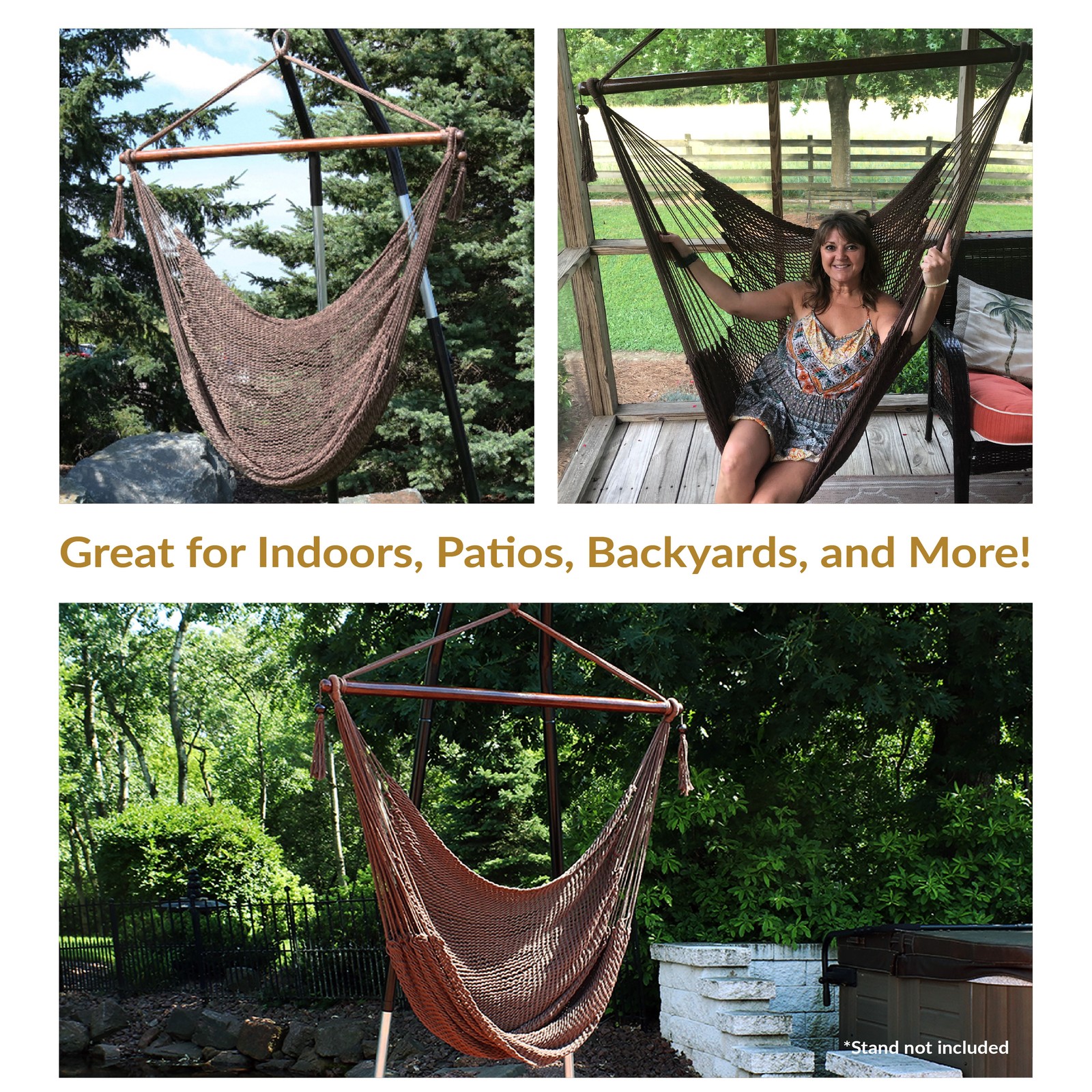 Extra Large Polyester Rope Hammock Chair and Spreader Bar – Mocha by Sunnydaze