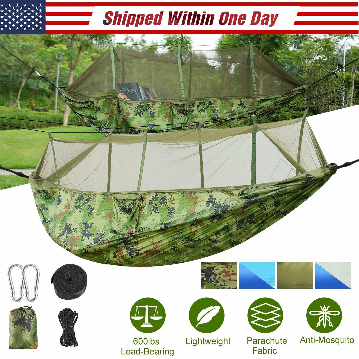 Double Outdoor Parachute Nylon Hammock Portable 600lbs Load with Mosquito Net