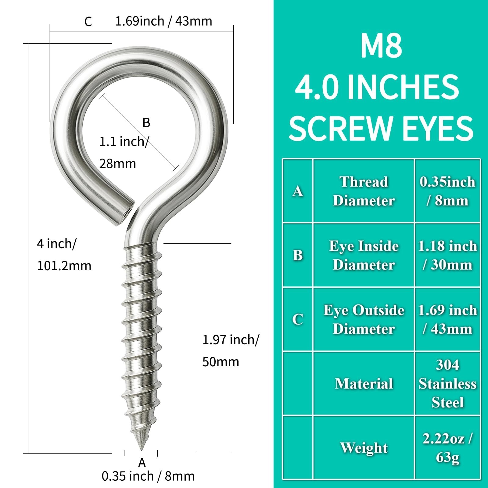 4 Inch Heavy Duty Screw Eye Hooks – 6 PCS Self-Tapping Eye Bolts for Wood | M…