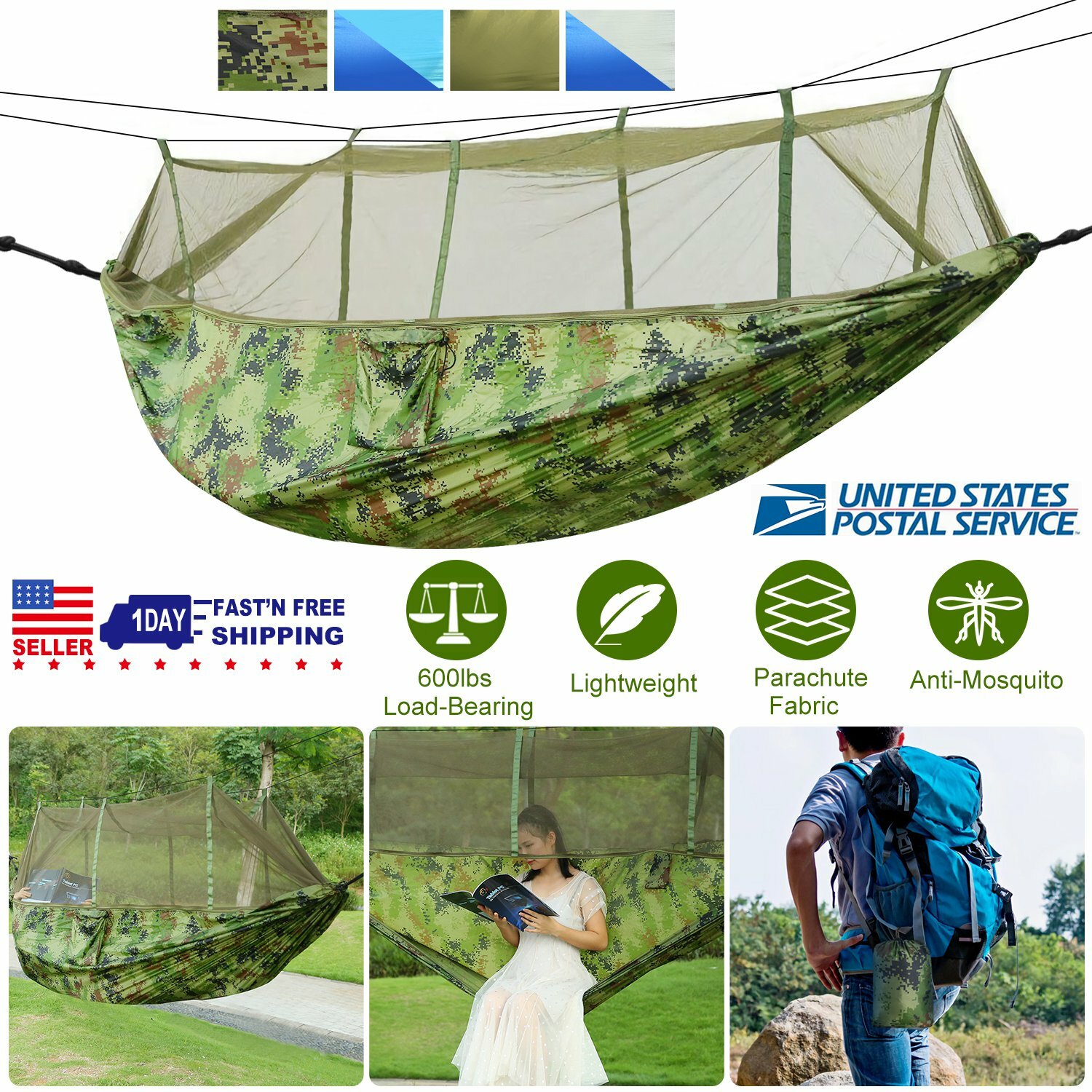 Double Outdoor Parachute Nylon Hammock Portable 600lbs Load with Mosquito Net