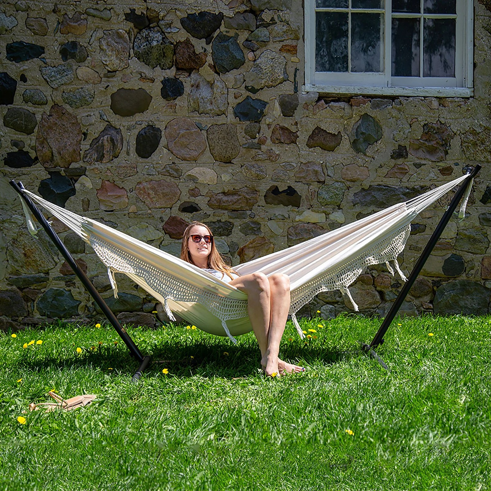 Vivere Double Cotton Hammock, Comfortable Daybed with Steel Stand, 9′, Natural