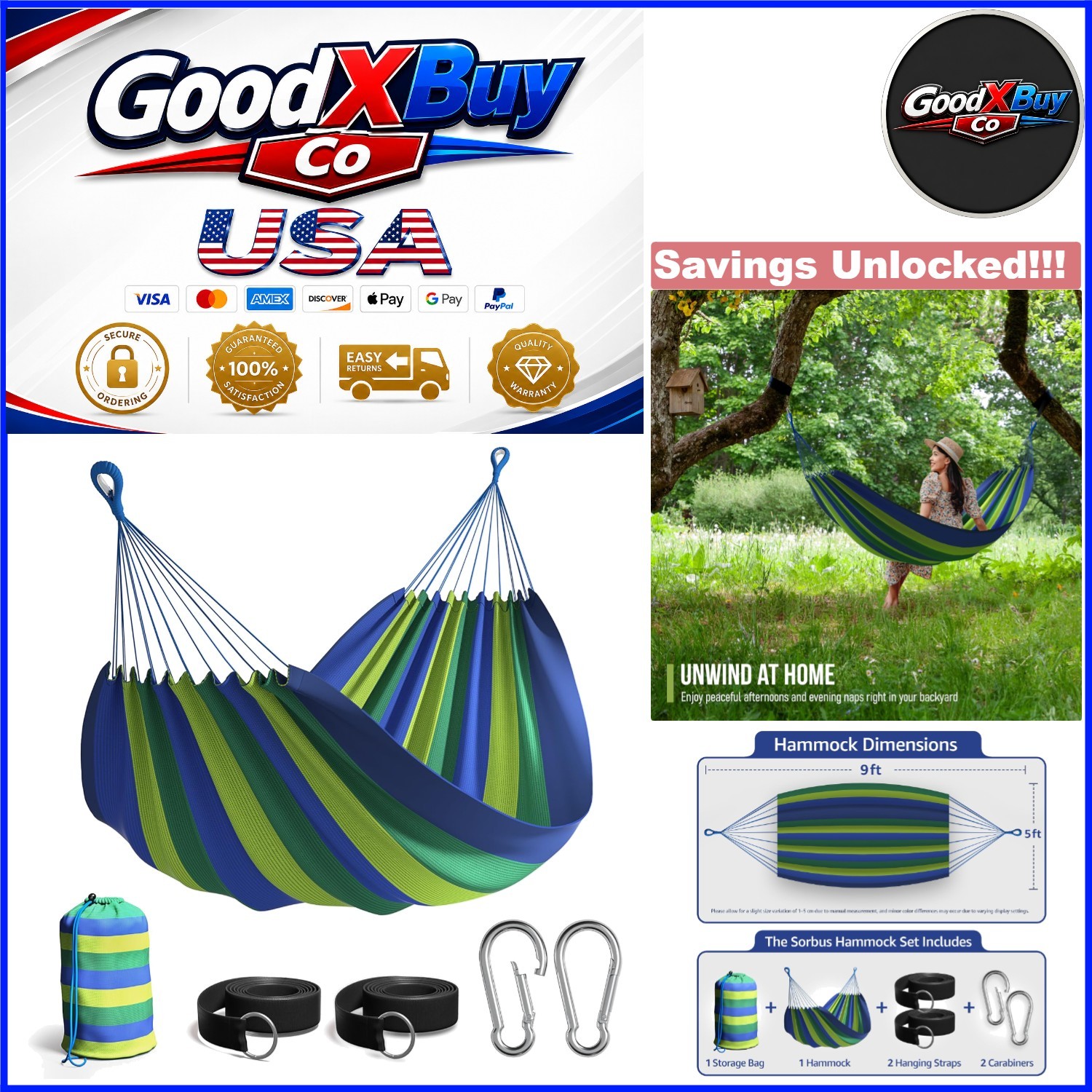 Brazilian Double Hammock Extra-Long Portable Indoor Outdoor Blue/Green