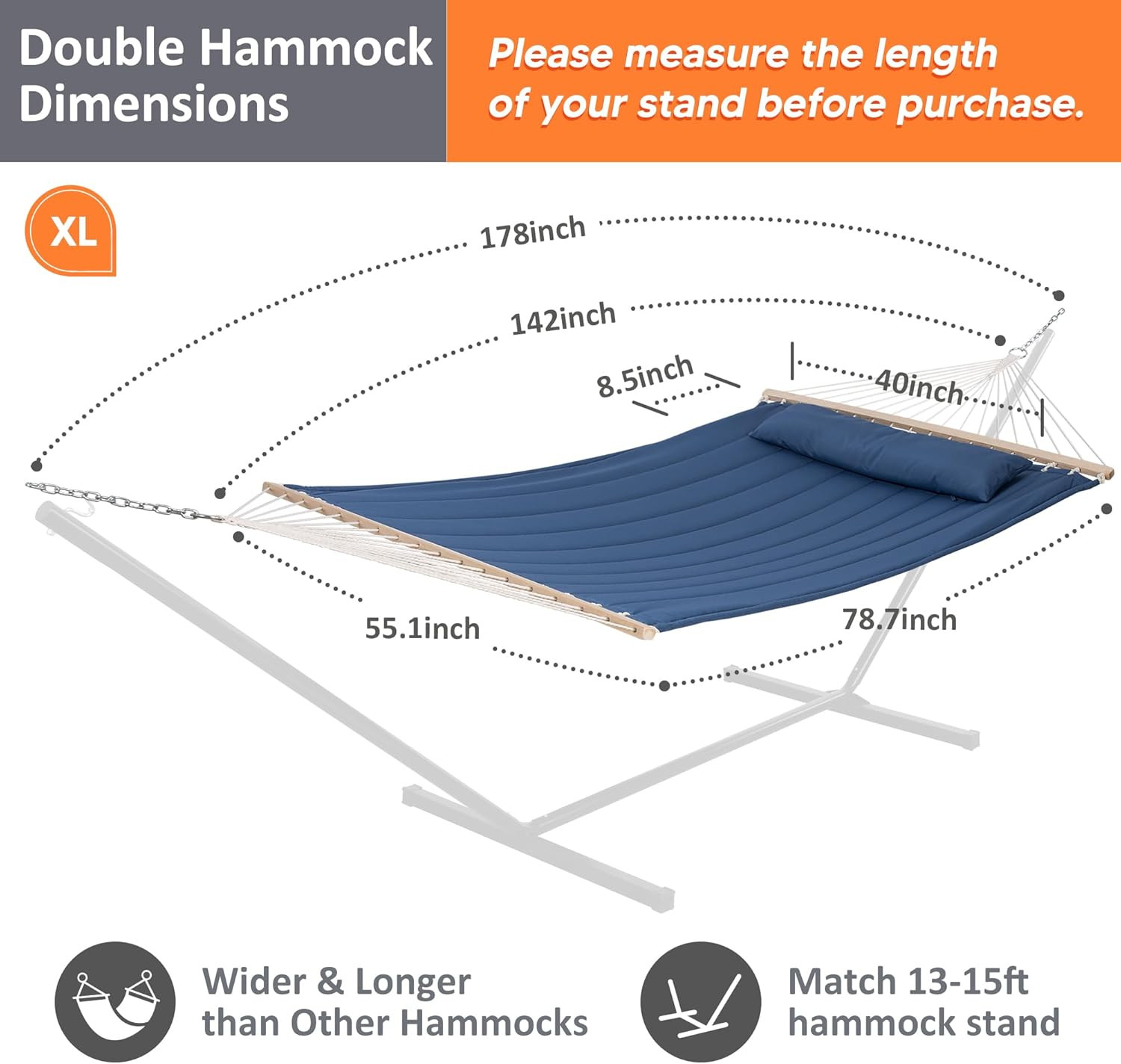 Double Outdoor Hammock with Hardwood Spreader Bar, Extra Large Pillow, 475 Lbs C