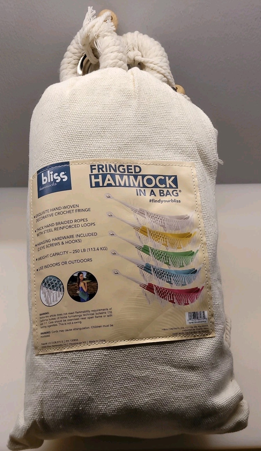 BLISS Hammocks Polyester Hand-Braided Hammock in a Bag Crochet Fringed Cream NIB
