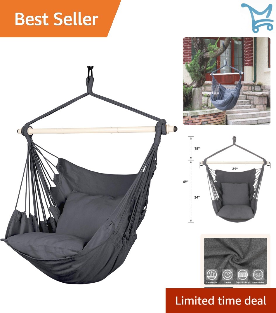 Hammock Chair Hanging Rope Swing Polyester 500lbs Indoor Outdoor Grey