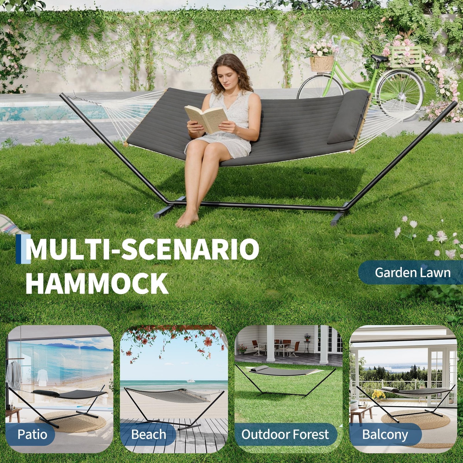 ⛳Heavy Duty Double Hammock with Stand – 450 Lbs Capacity Portable & Freestanding