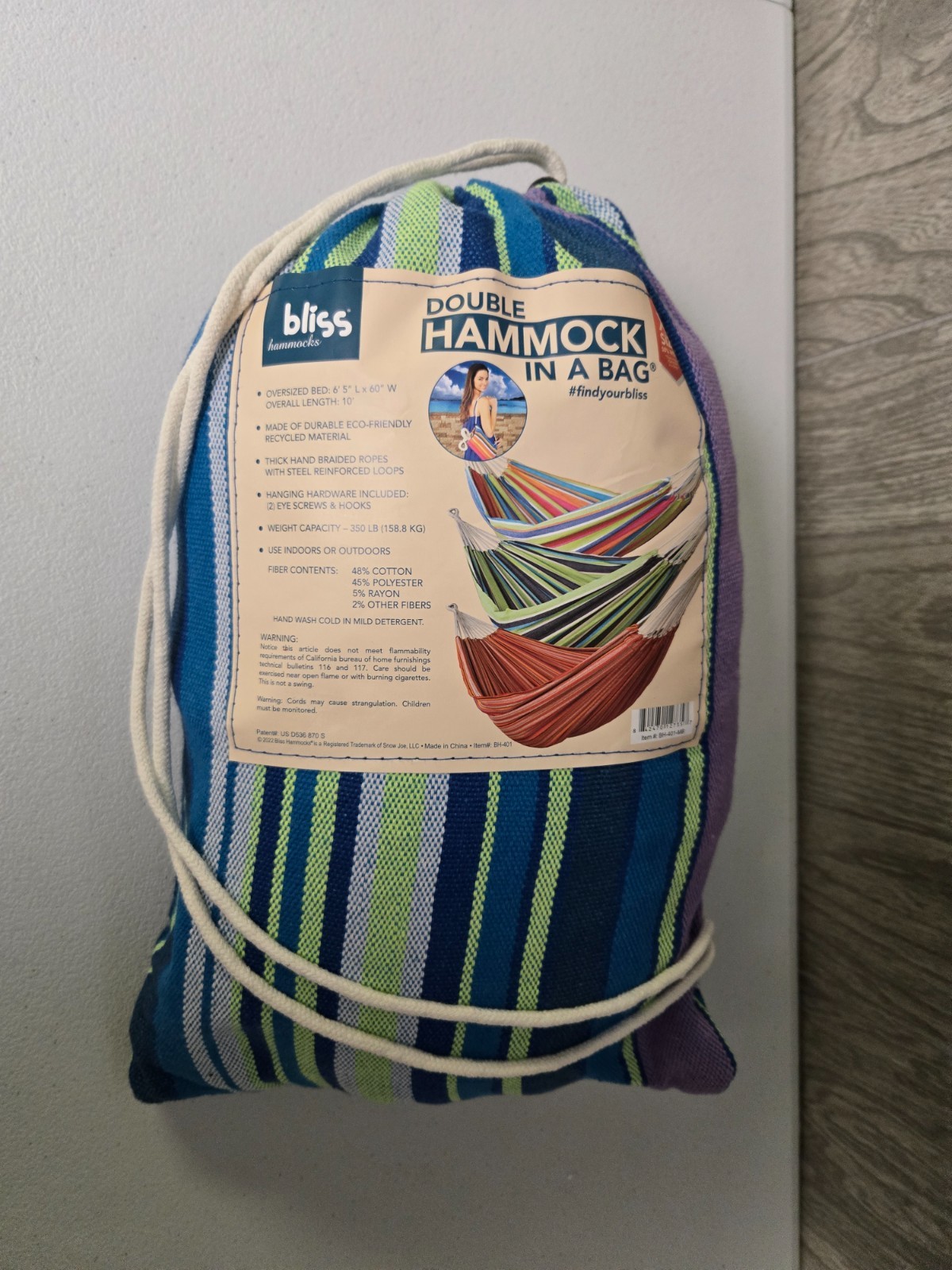 Bliss Double Hammock in a Bag w/ Rope loops & Hanging Hardware 60″ Wide XL 265lb