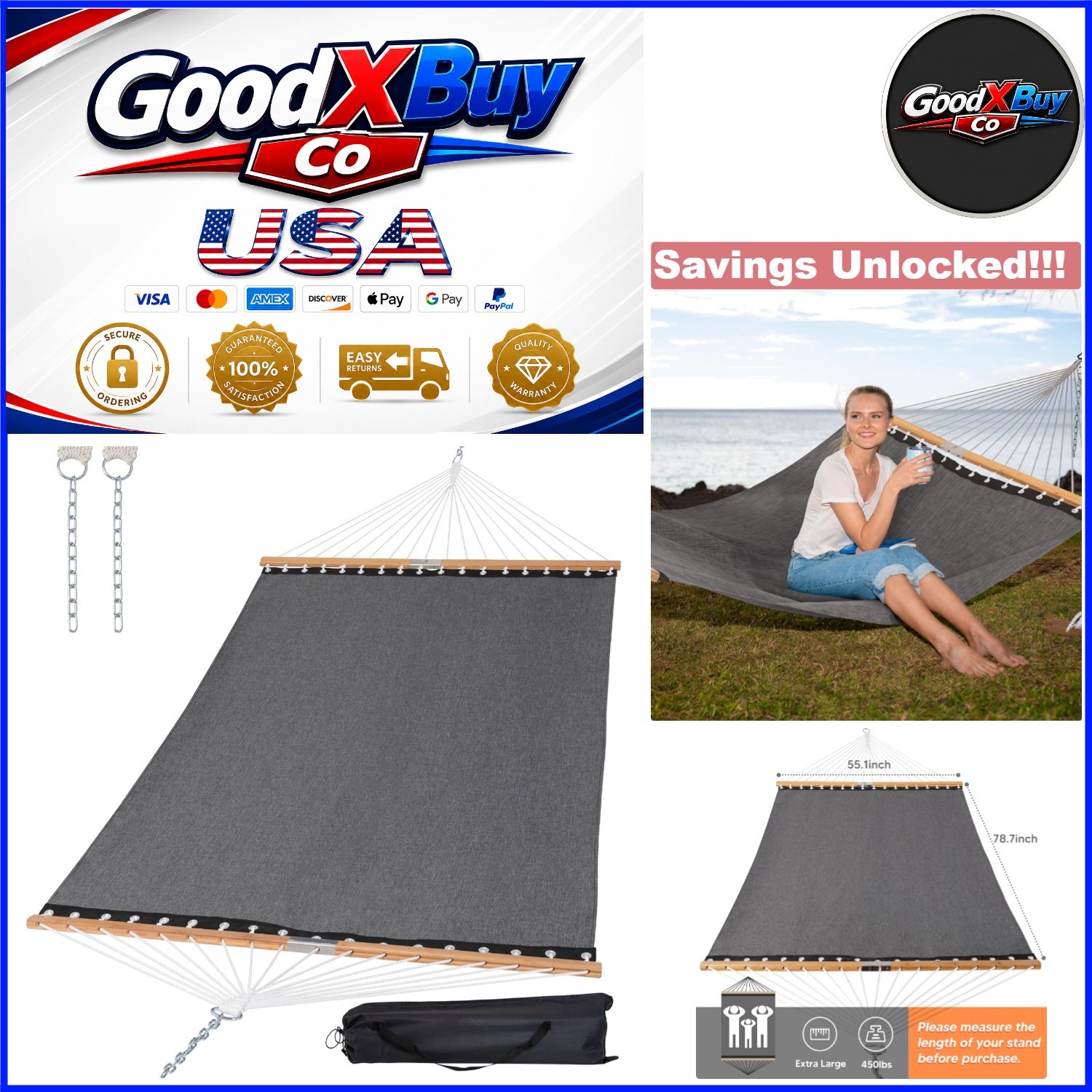 Portable Double Hammock 450lbs Capacity Quick Dry Outdoor Bed Gray with Carry…