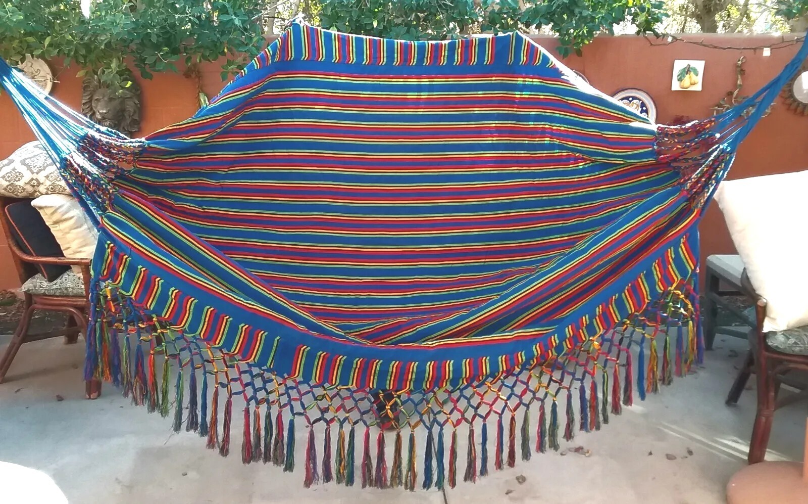 RORYTZX Hammock multicolor woven with fringe outdoor indoor blue red yellow exc