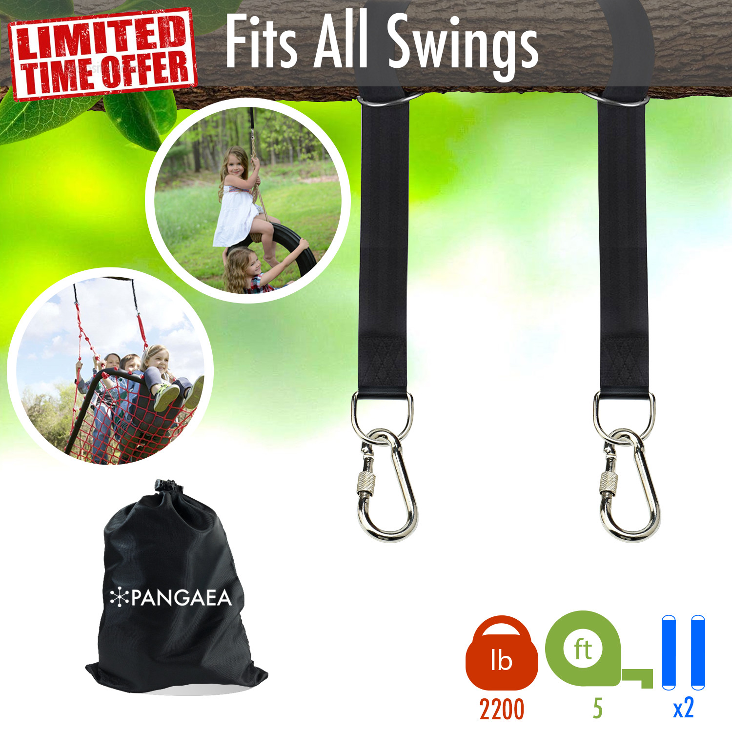 [Set of 2] 5FT 2200LB Tree Swing Hanging Hammock Straps Kit Nylon Carabiners