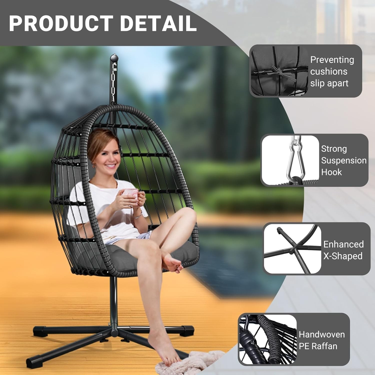 Egg Chair with Stand Patio Rattan Wicker Hanging Swing Egg Hammock Chair 350LBS