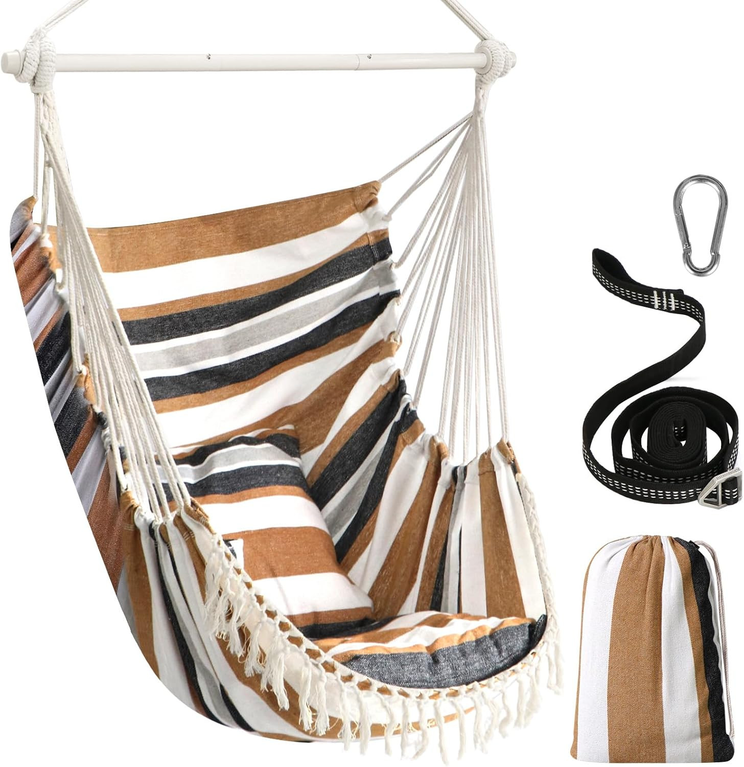 Hammock Swing Chair 500lbs 2 Cushion Steel Spreader Bar Portable Side Pocket