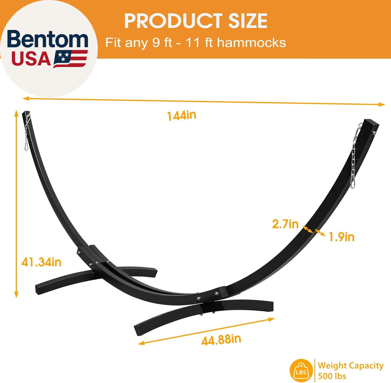 12 Ft Heavy Duty Steel Arc Hammock Stand with Carabiner and Chain, 2 Person Weat
