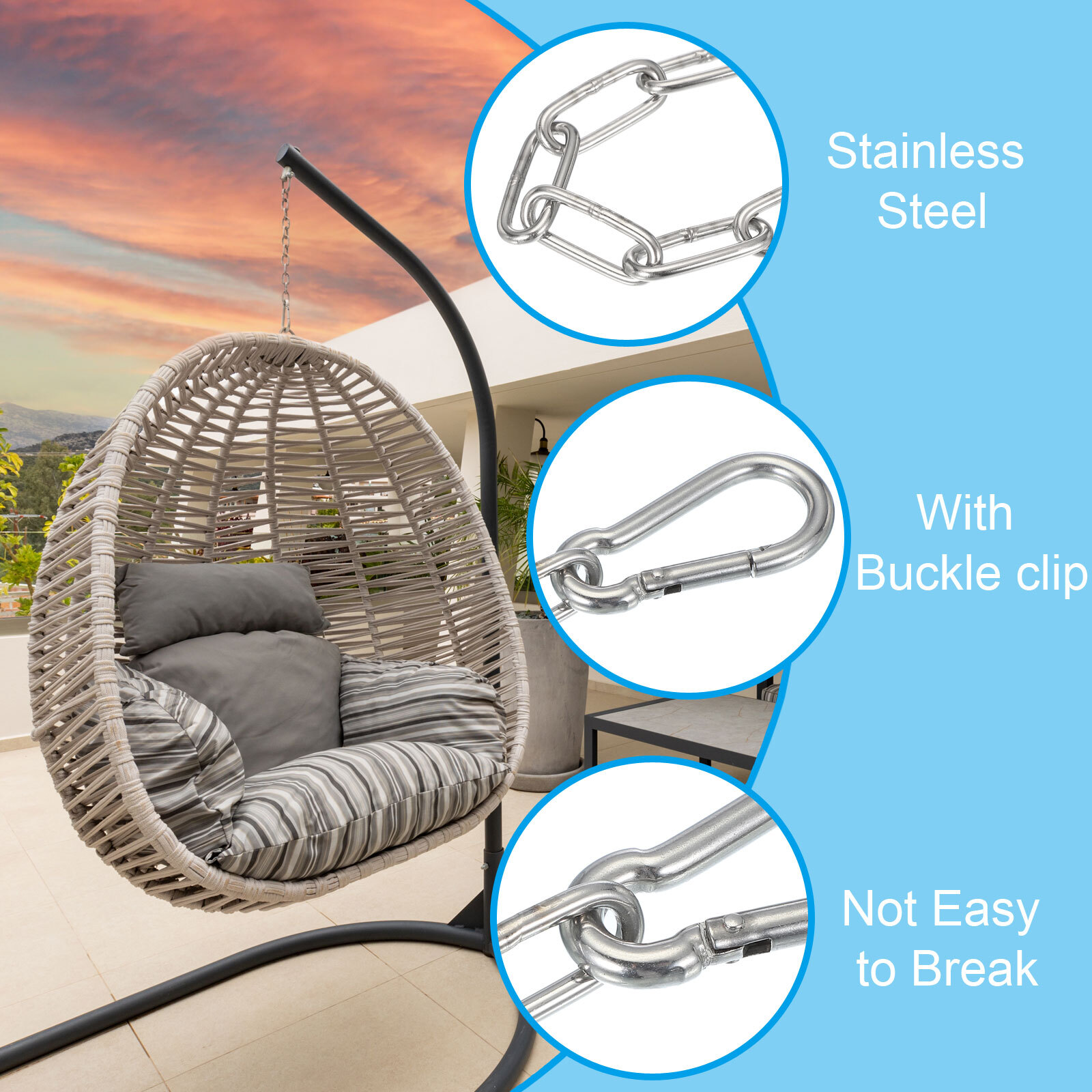 2 Pcs 1/8 x 40″ Fitness Chain Porch Hanging Swing Chair Chain Heavy Duty Silver