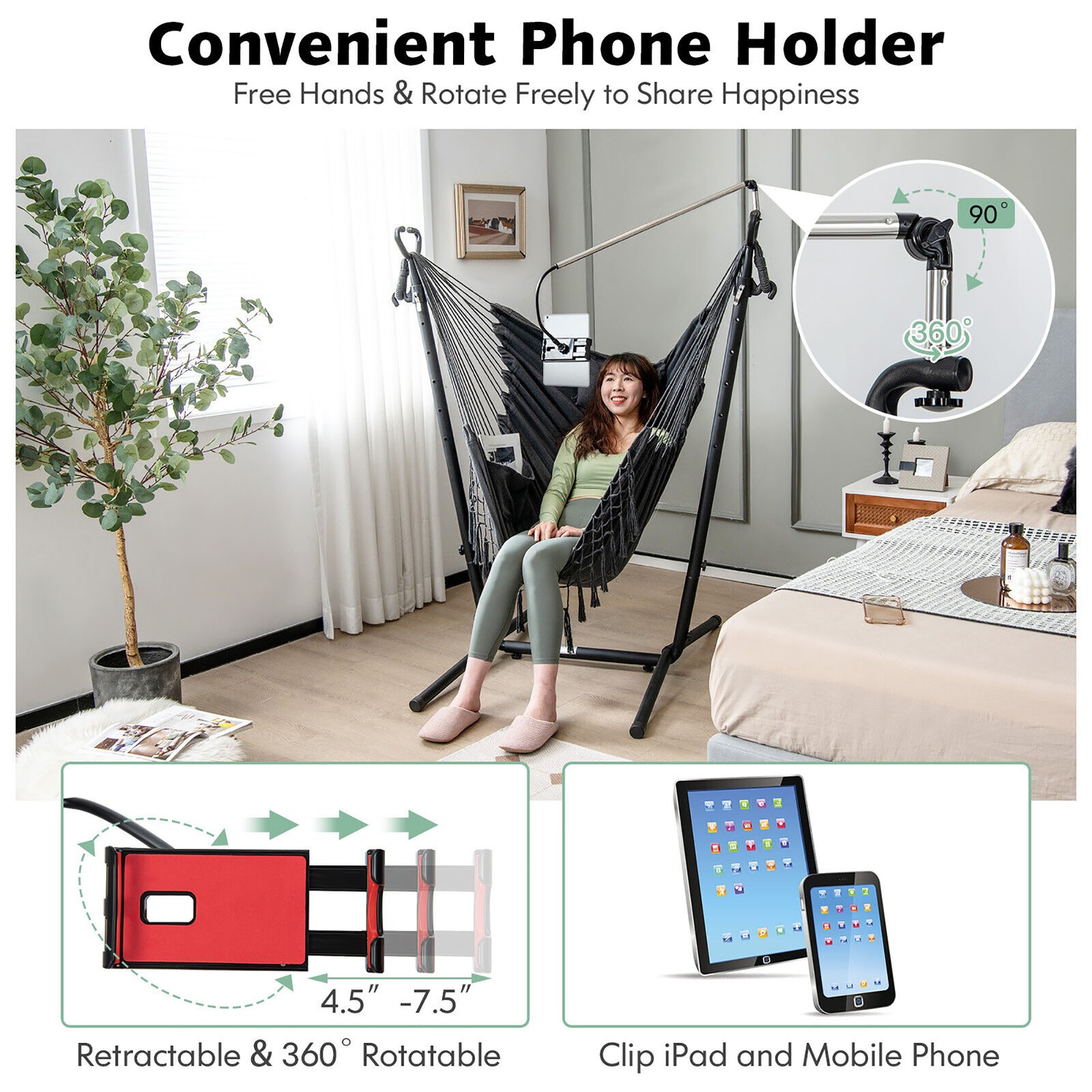 Hammock Chair with Stand Phone Holder Adjustable Swing Indoor & Outdoor Use