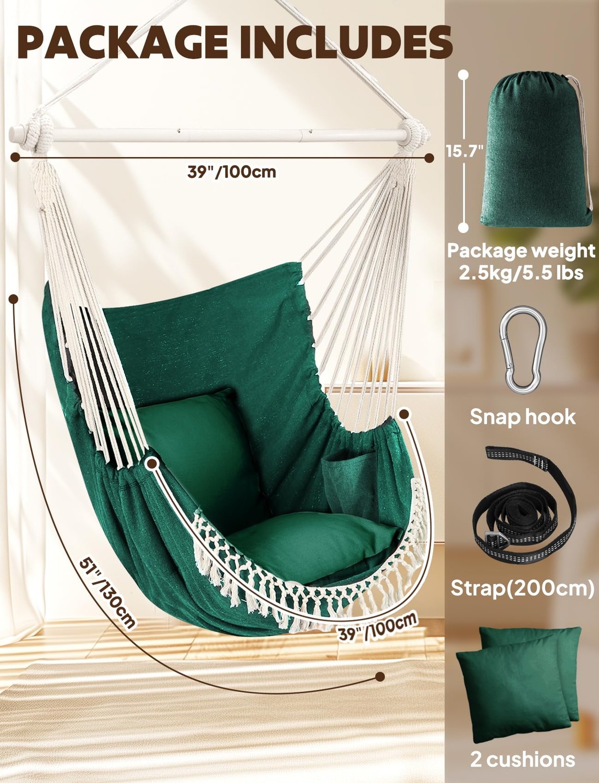 Chihee Hammock Chair Hanging Swing, 500 Lbs, 2 Cushions, Metal Spreader