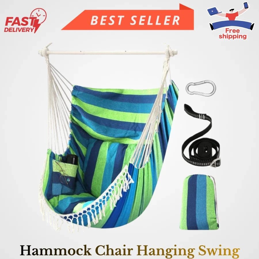Hammock Chair Hanging Swing Max 500 Lbs 2 130x100cm, Blue Green