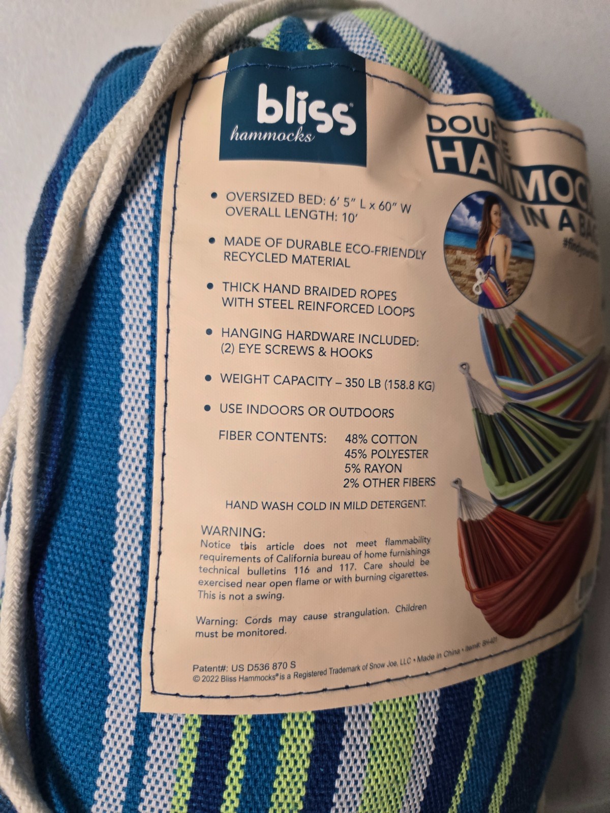 Bliss Double Hammock in a Bag w/ Rope loops & Hanging Hardware 60″ Wide XL 265lb