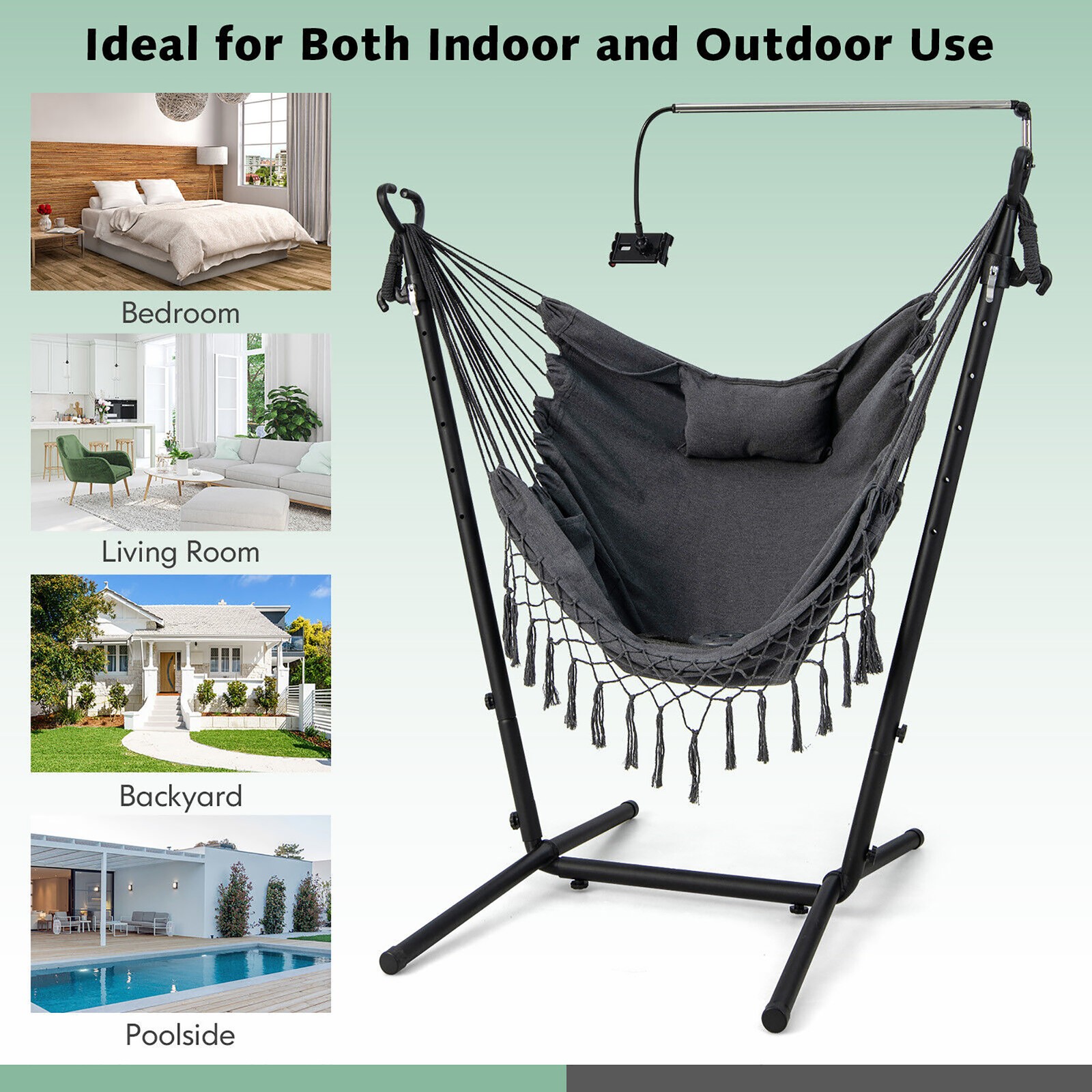 Hammock Chair with Stand Phone Holder Adjustable Swing Indoor & Outdoor Use