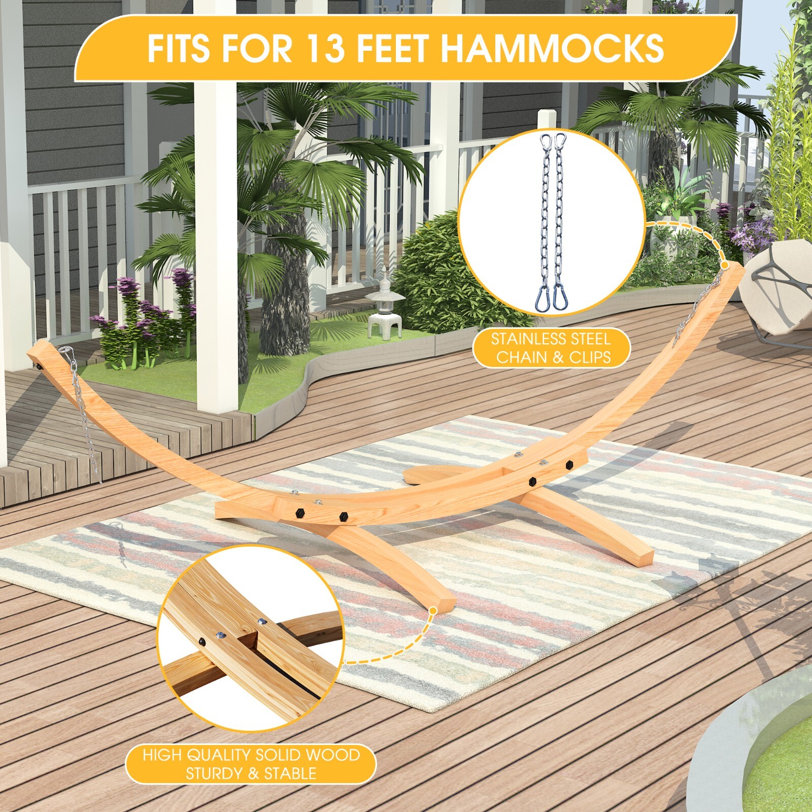13 Feet Russian Pine Hardwood Arc Frame Hammock Stand with Hooks and Chains
