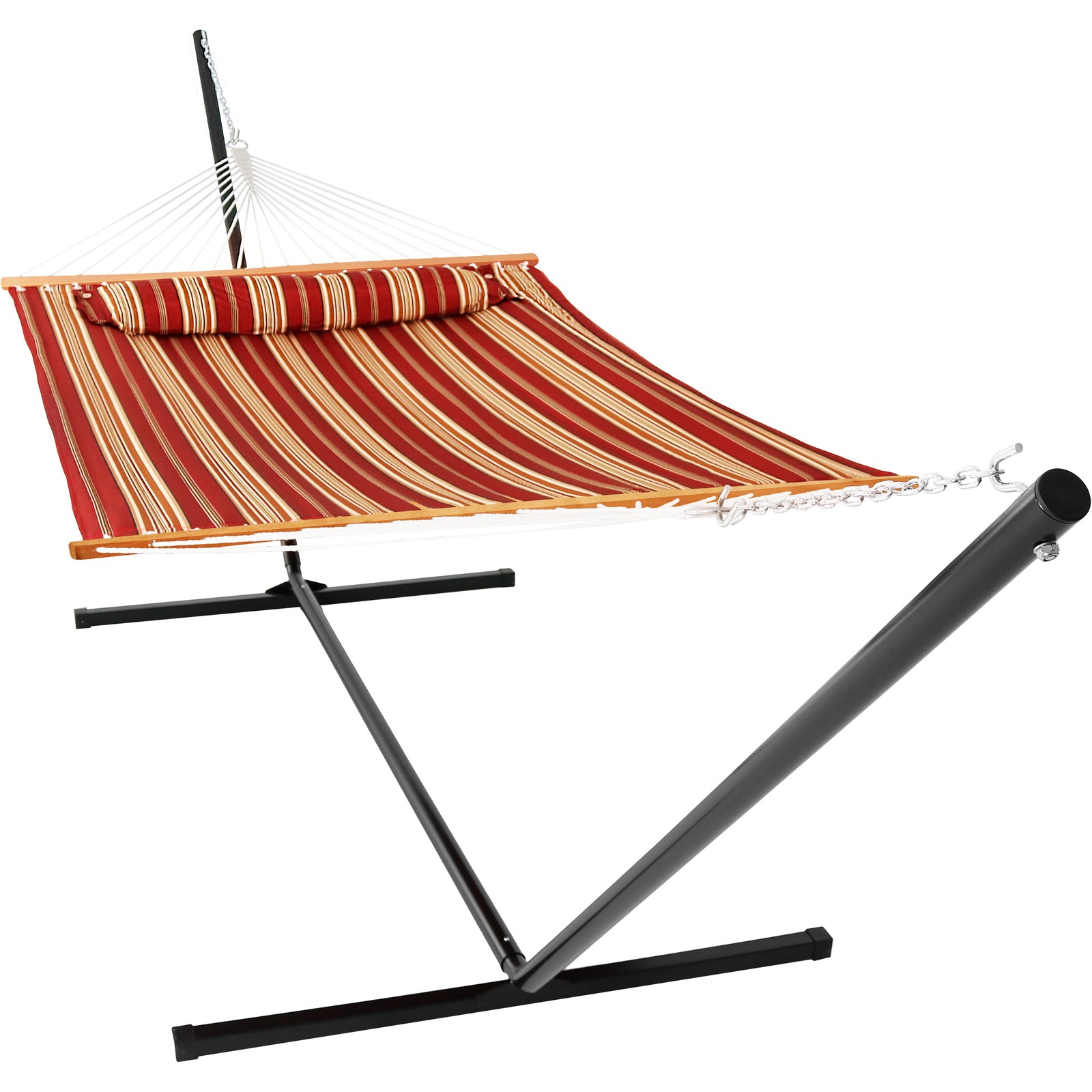 2-Person Quilted Fabric Hammock with 15′ Stand and Pillow – Red by Sunnydaze