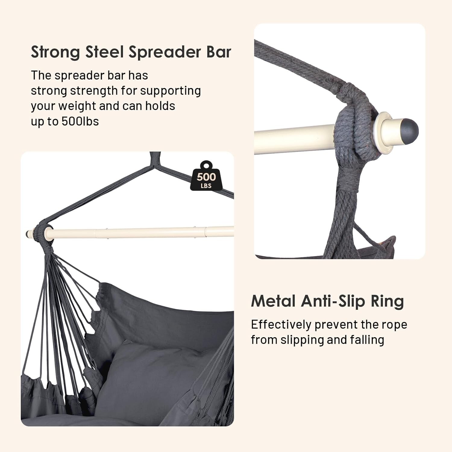 Hammock Chair Hanging Rope Swing Polyester 500lbs Indoor Outdoor Grey